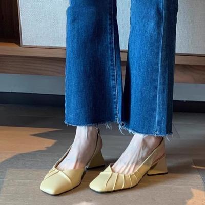 Вариант из овчины! Французские ретро туфли Мэри Джейн с квадратным носком женские корейская версия плиссированные сандалии с толстым каблуком и пустым носком