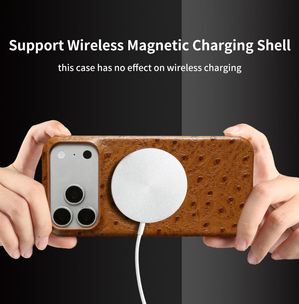 For Magsafe Ostrich Genuine Leather Case For iphone 17 Pro Max Air 17e 16 16e 15 14 Plus 13 Mini 12 11 Back Cover Cases Coque