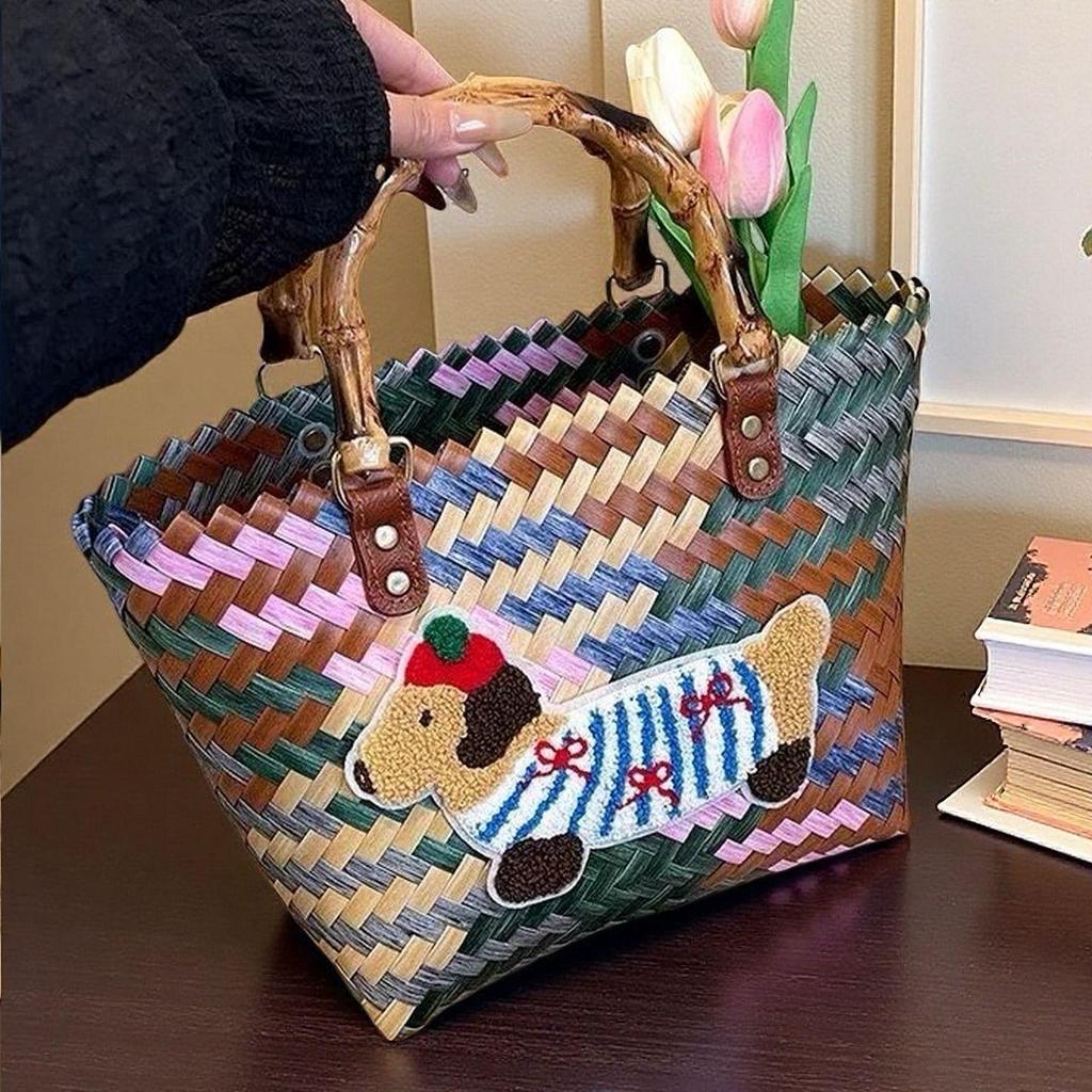 Плетеная сумка-тоут для щенка таксы с бамбуковой ручкой, винтажная пляжная сумка