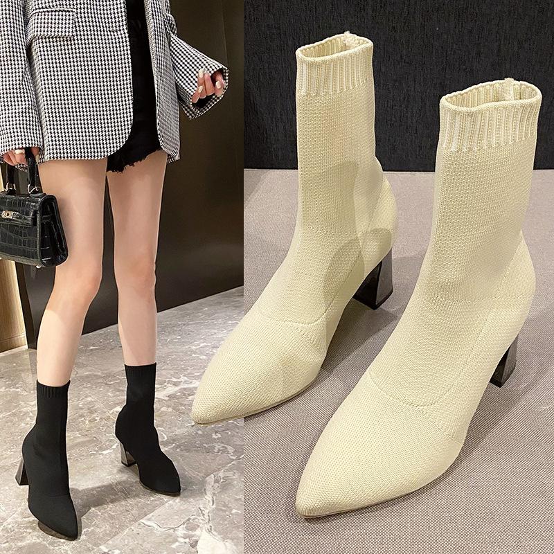 2025 Spring Large Size, New Thick High-heeled Socks Boots Pointed Fashion Thin Socks Boots Casual Socks Boots