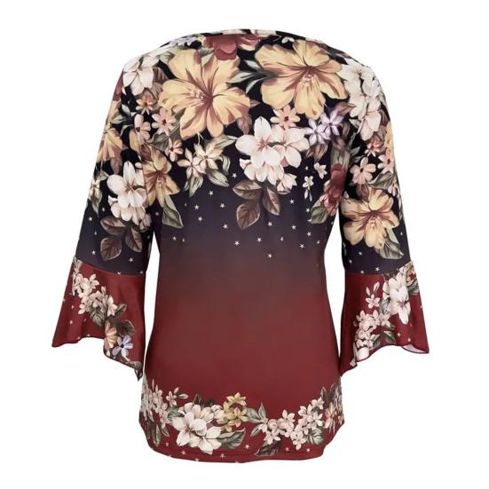 Women T-Shirt V-neck 3/4 Sleeve Pullover Tops Floral Print Lightweight Breathable Casual Tops Streetwear