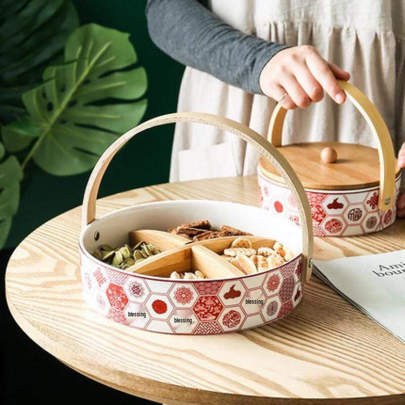 Портативная керамическая тарелка Ruhan с отделениями и крышкой для закусок