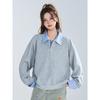 Wassup Retro Striped Patchwork Lapel Fake Two-Piece Sweatshirt for Women, Autumn Gray Loose Lazy Style American Top