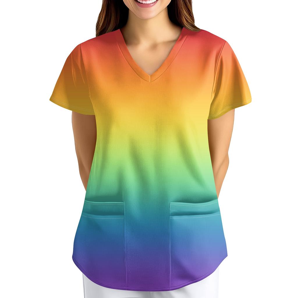 Большой размер Принтованный скраб Рабочая униформа Топы для женских V-образный вырез с запахом Принт Короткий рукав Веселые футболки Рабочая одежда Футболка с карманами