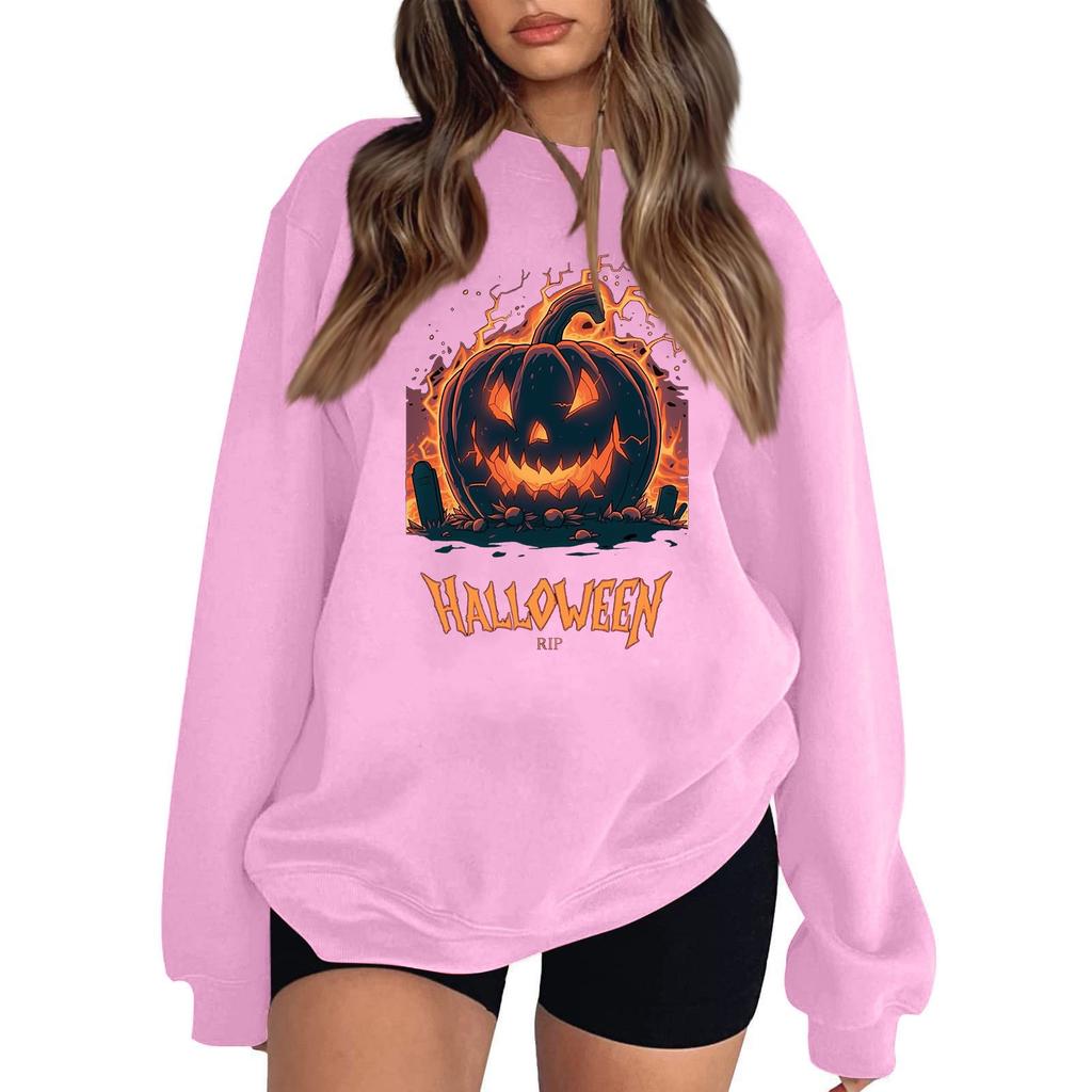 Women's Casual Round Neck Long Sleeved Pullover, Halloween Printed Top, Long Sleeved Hoodie