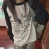 Women's Korean Contrast Stitching Black and White Long-Sleeve Loose Casual T-Shirt