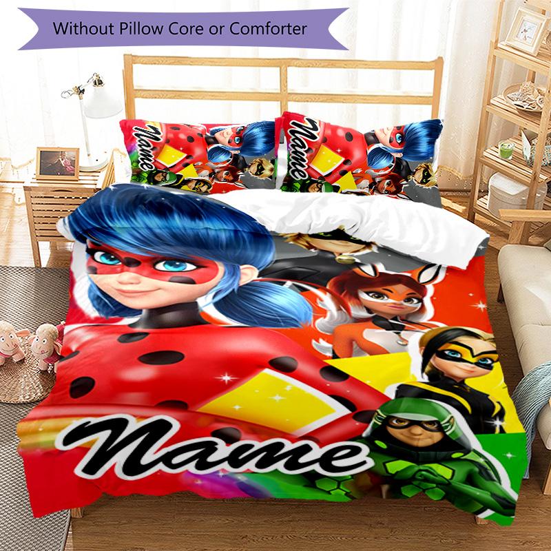 3pcs Ladybug2 Cover Set - Personalized Name, HD Printed Bedding with 1 Cover and 2 Pillowcases - Perfect for Home Decor, Easy Care