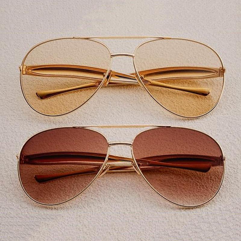 Trendy Oversized Round Aviator Sunglasses for Women Men Gold Metal Gradient Tea Oval Frame Pilot Sun Glasses UV400 Retro Shades