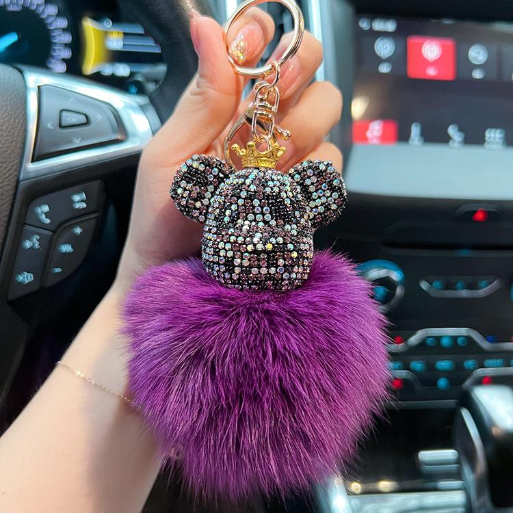 Luxurious Diamond-Studded Bear Keychain with Real Fox Fur - Stylish Accessory and Thoughtful Gift