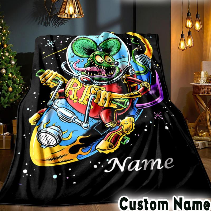 Custom Name Space Rat Adventure Throws Blanket Flannel Blankets for Couch Bed Gifts for Men Women Picnic blanket Christmas fan gifts