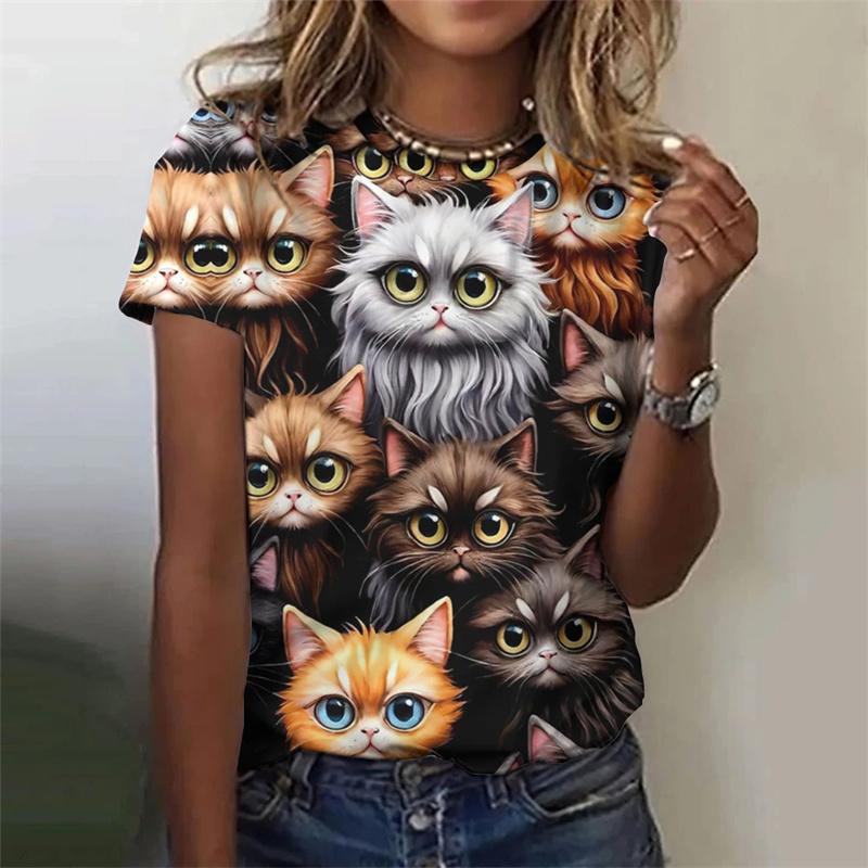Летний топ с круглым вырезом и принтом 3D Cat, модные повседневные женские футболки с короткими рукавами