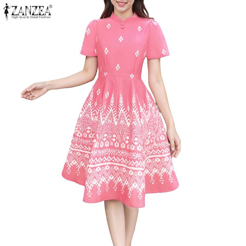 ZANZEA Women Summer Stand Collar Short Sleeve Casual Print Dress