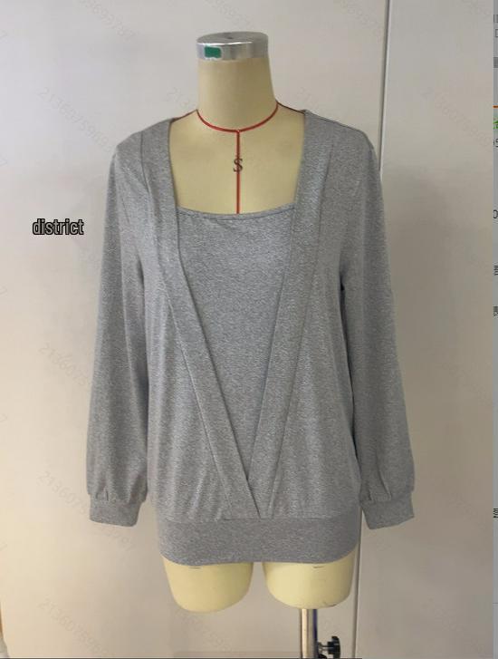 Осень и Зима Однотонная С Длинным Рукавом Квадратный Вырез Двухслойный Эффект Свободная Футболка