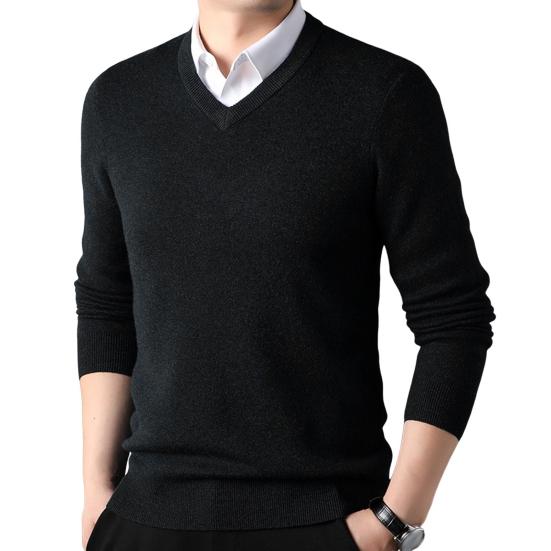 Осень-зима мужской свитер с V-образным вырезом, трикотажный однотонный эластичный пуловер средней длины, формальный деловой стиль, свитер
