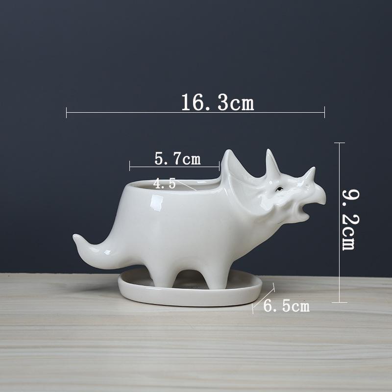 Creative Triangle Dinosaur Succulent Flower Pot Indoor Desktop White Ceramic Flower Pot With Tray