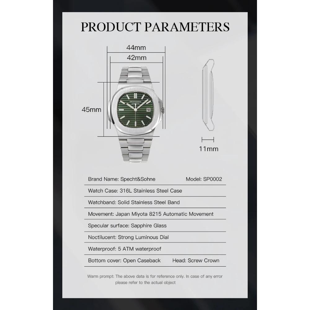 Новые мужские часы Specht&Sohne, механические часы, Япония, Miyota 8215 Movt, розовое золото, нержавеющая сталь, классические часы 5711, водонепроницаемые