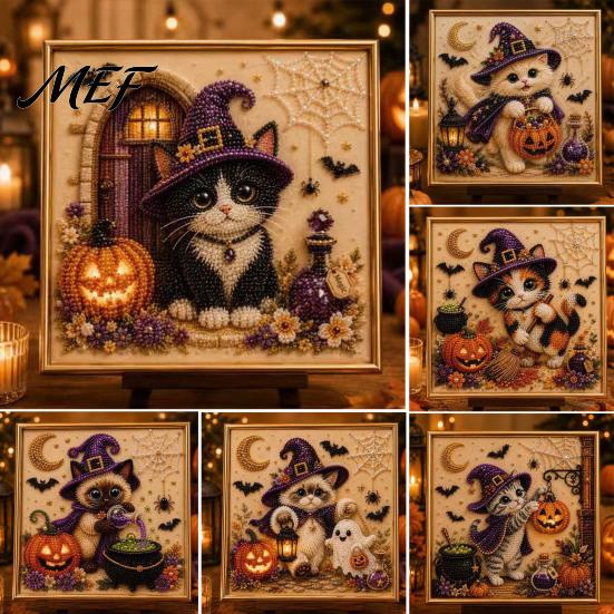 Autumn Home Decoration Halloween Cat Faux Pearl Painting Art Kit, Spooky 3D Beads Crafting Kits for Beginners Crafts, Cute Witch Gem Wall Adults,