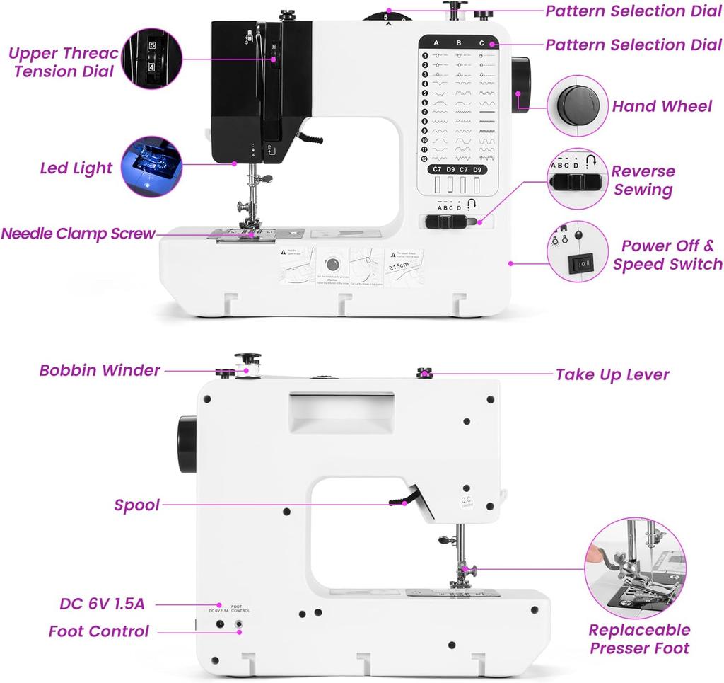 Мини швейная машинка для начинающих - Портативная электрическая, 38 стежков, регулируемая скорость с ножной педалью и швейным набором для дома, путешествий