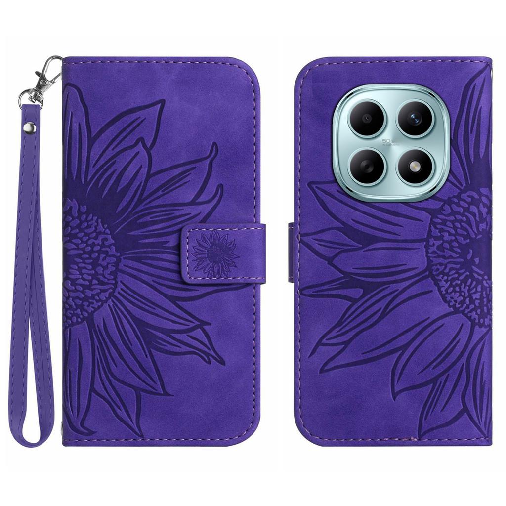 Для Xiaomi Poco M8 5G/Redmi Note 15 5G (Глобальный)/15 4G (Глобальный) Чехол-портмоне из кожи с принтом подсолнухов и ремешком на запястье.