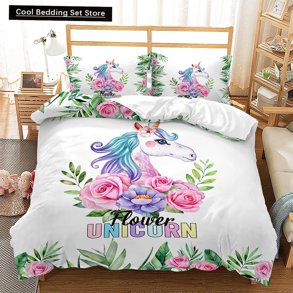 Комплект постельного белья Rainbow Unicorn Kawaii с изображением мультяшных животных для детей и девочек, 2/3 шт., односпальный, двуспальный, двуспальный, комплект пододеяльников размера Queen