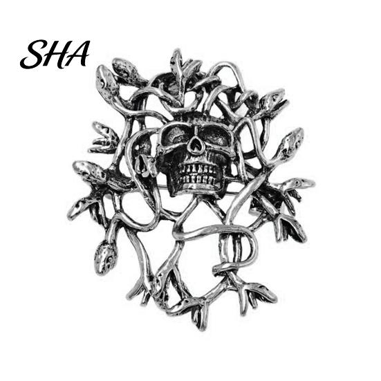 Lapel Pin Distressed Style Brooch Pin, Punk Retro Thorns Skull Design with Enamel Rhinestones Inlaid, Vines Surrounding Versatile Badge for