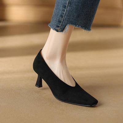 Весенние туфли из овечьей замши с квадратным носком на толстом высоком каблуке, винтажные женские туфли-лодочки