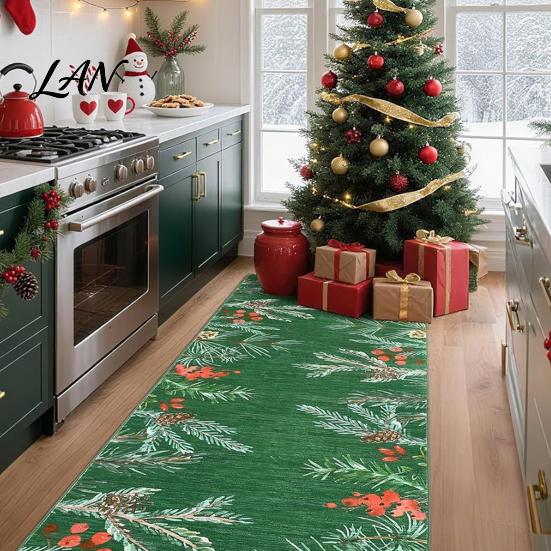 Hallway Runner Rug Christmas Rug, Watercolor Pine Branches Berries Pattern, Indoor Entryway Non Slip Kitchen Floor Mat 47.24"x15.75" for Holiday Home