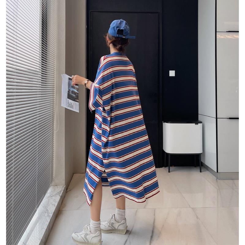 Dimanaf 2025 Летнее платье больших размеров для женщин, свободное, с коротким рукавом, в мягкую полоску, повседневное, базовое, большого размера, длинное платье