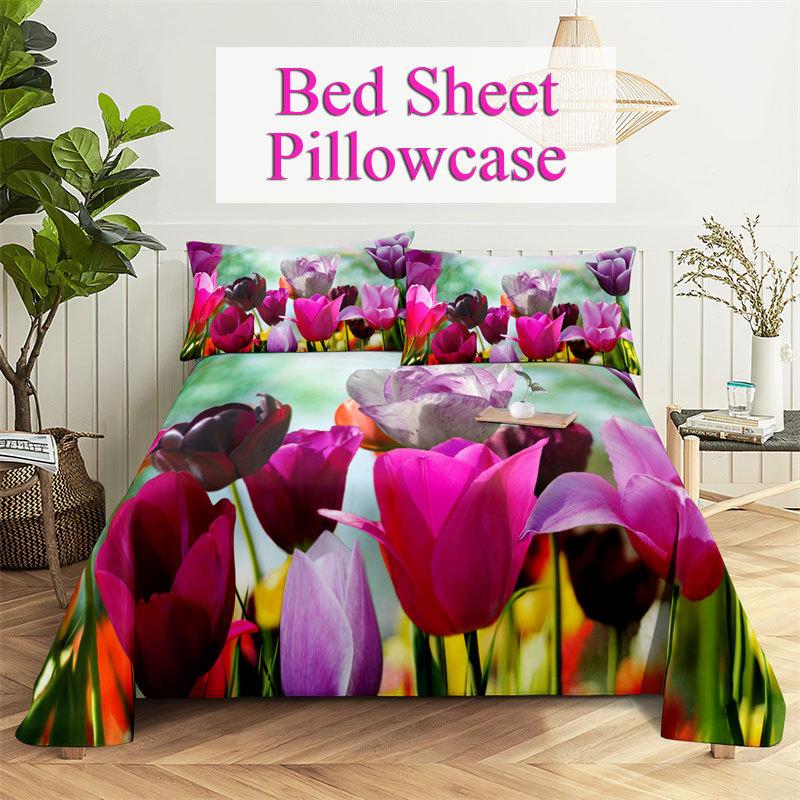Tulip Bed Sheets Set with Pillows Case Flowers Bedsheet with Pillowcase 2 PCS 3PCS for Single Double Beds King Full Twin Size