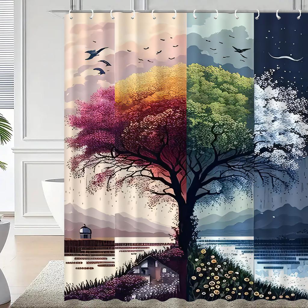 Four Seasons Tree Waterproof Mildew-Resistant Shower Curtain - Artistic Design for a Nature-Inspired Bathroom Décor Experience