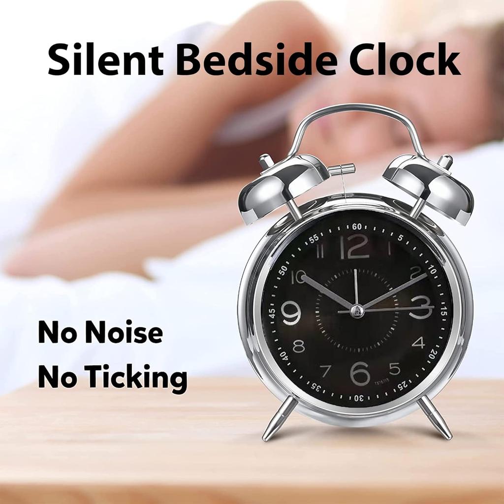 4-дюймовый металлический бесшумный нетикающий прикроватный будильник с двумя колокольчиками, винтажные настольные часы для крепко спящих людей и детей