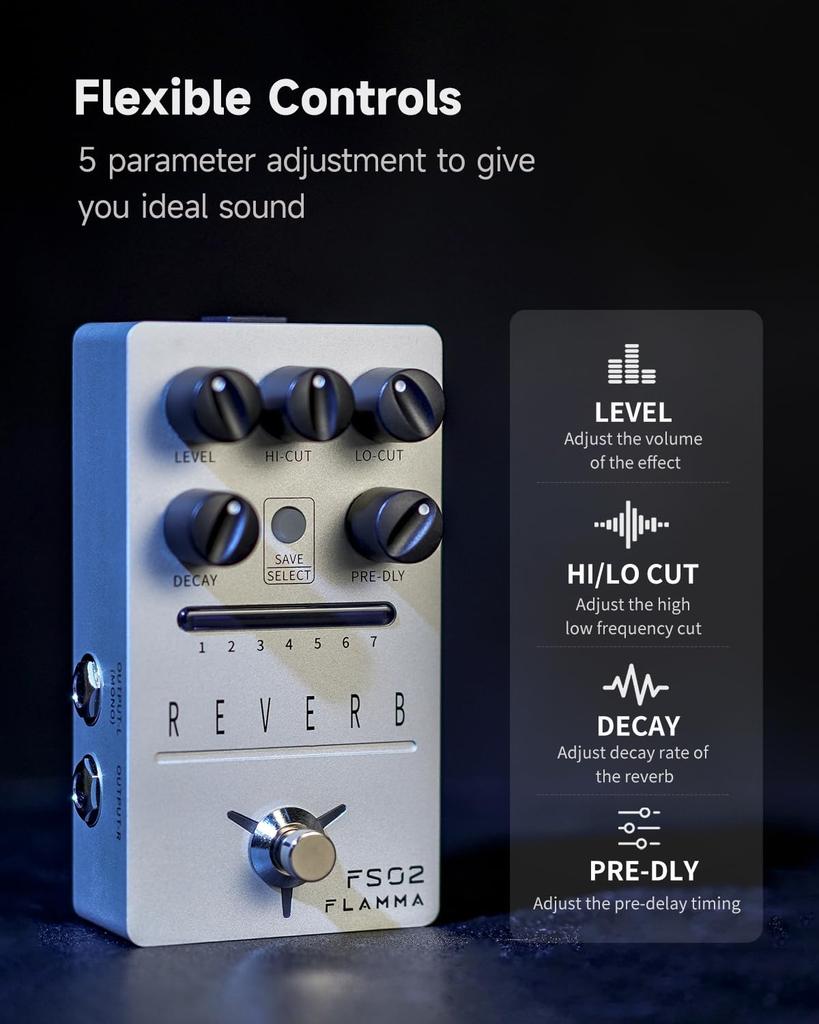 FLAMMA FS02 Digital Reverb Guitar Pedal 7 Classic Effects with Trail On Buffer Bypass Sliver Stereo Digital Reverb Effects Pedal