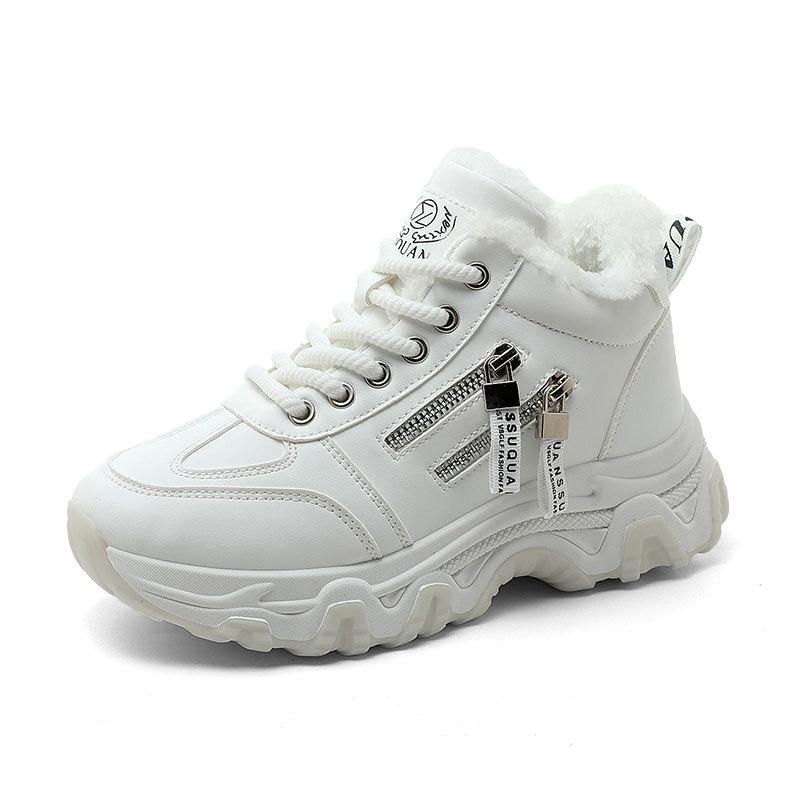 Женские зимние кроссовки для ходьбы на толстой платформе, нескользящие короткие ботинки с подкладкой из искусственного меха, кроссовки на шнуровке, женские теплые зимние ботинки с флисовой подкладкой