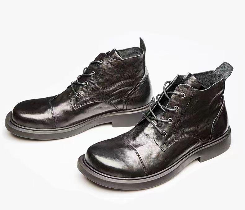 Men's Spring Leather Round-Toe Boots, Comfortable Wear-Resistant High-Top Shoes, Versatile British-Style Large-Size Mid-Top Martin Boots.