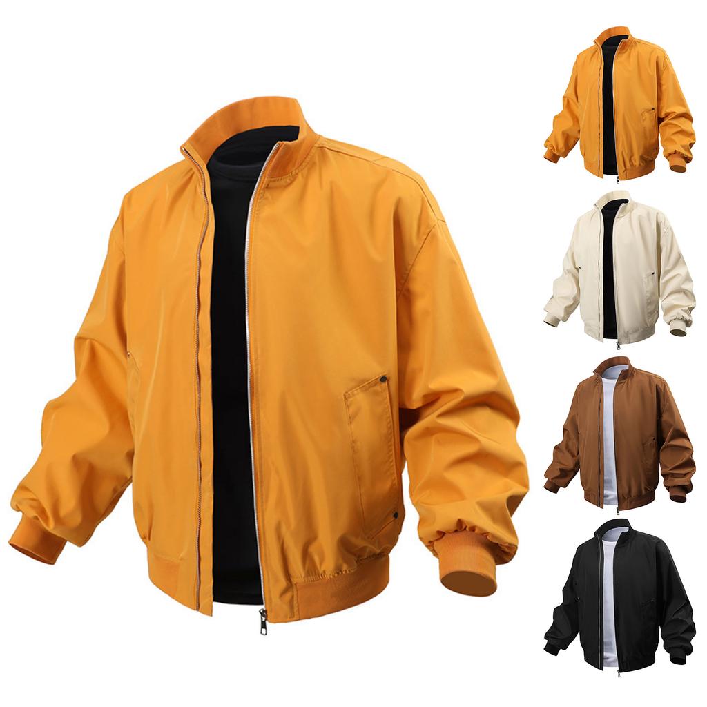 Men's Casual Solid-color American Stand-up Collar Flight Jacket, Unisex Loose Work Jacket Jacket