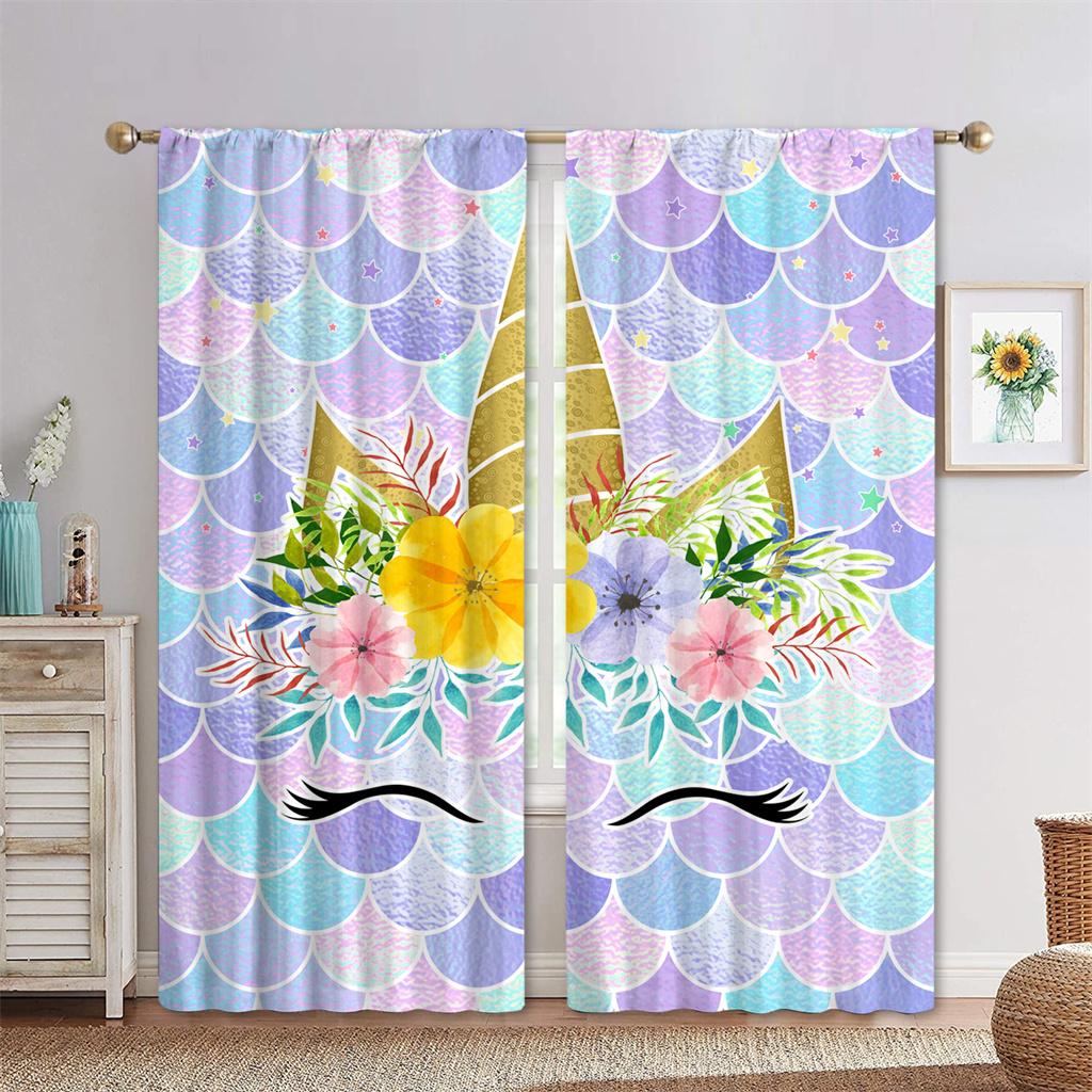 Rainbow Unicorn Colorful 3D Printing Window Curtains Blind for Kids Children Liiving Room Bederoom Kitchen Door Decor 2pieces