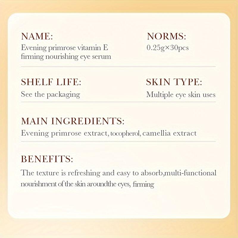 30 капсул крема для глаз с высокой степенью увлажнения. Укрепляющая питательная сыворотка для кожи вокруг глаз с витамином Е и примулой вечерней. Лифтинг и подтяжка для всех типов кожи