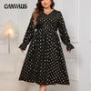 Плюс Размер Женщин Осень Новая Мода Темперамент V-образный вырез Свободный Высокая Талия Печатный Платье