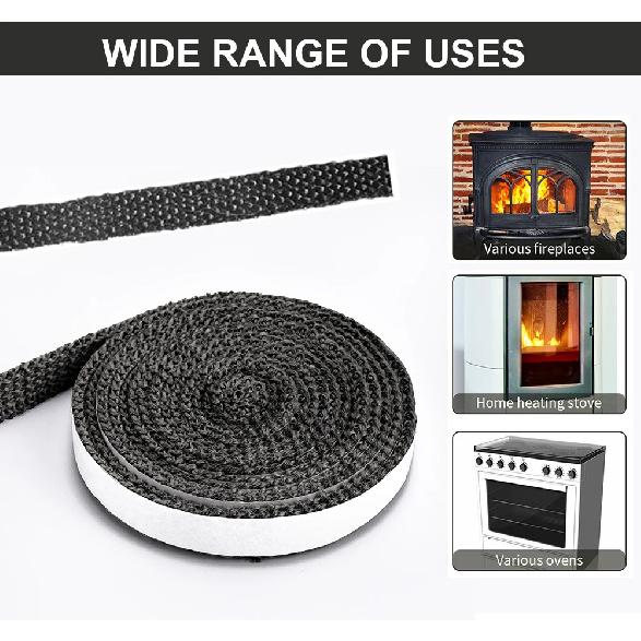 10/15mm Width Black Flat Stove Rope Self-Adhesive Fiberglass Seal Stove Fireplace Door Fire Rope Sealing Strip Cord Gasket