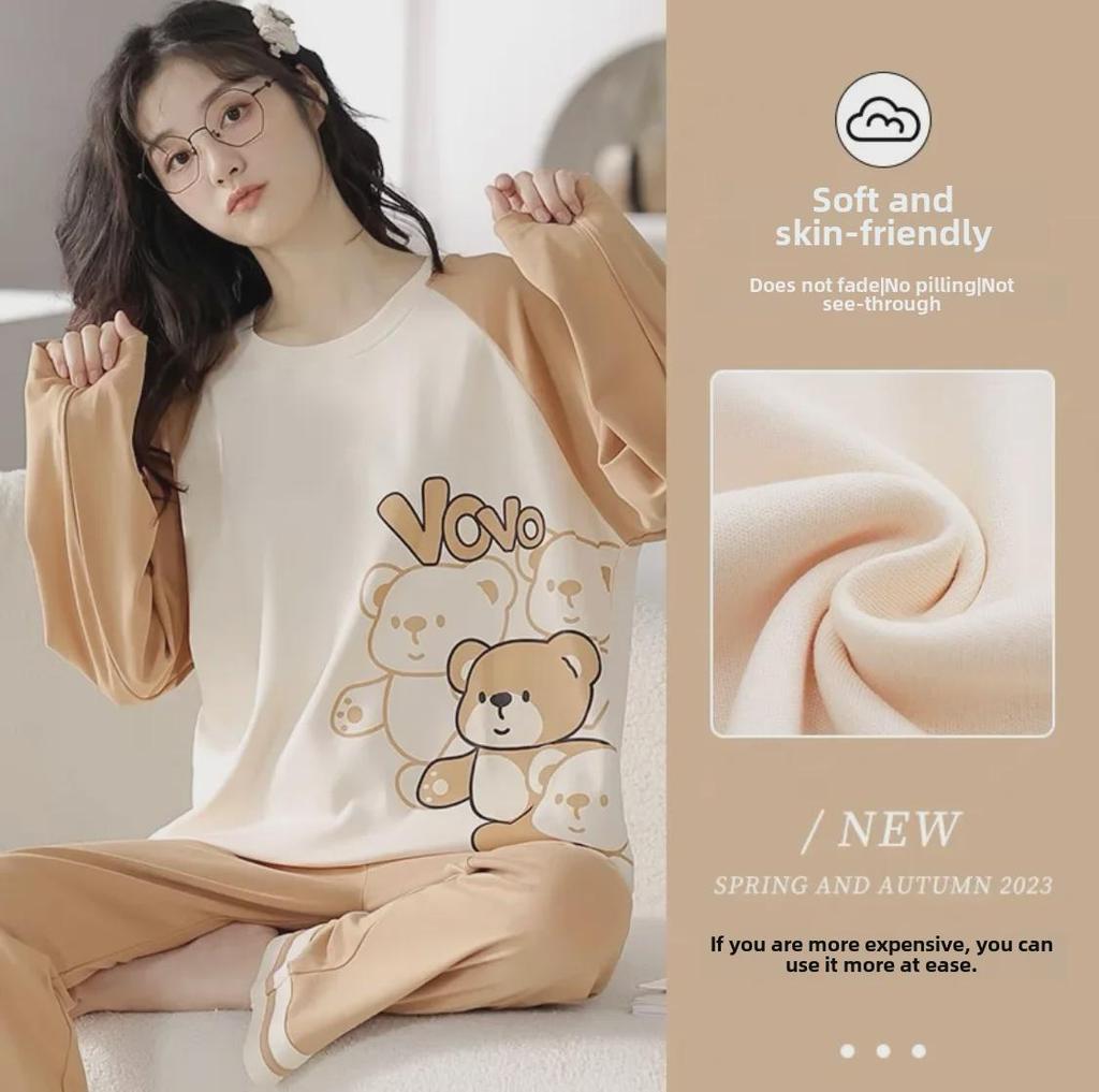 Женский пижамный комплект весна/осень: Длинный рукав, мультяшный дизайн, свободный крой, нагрудные накладки, подходит для использования в помещении и на улице.