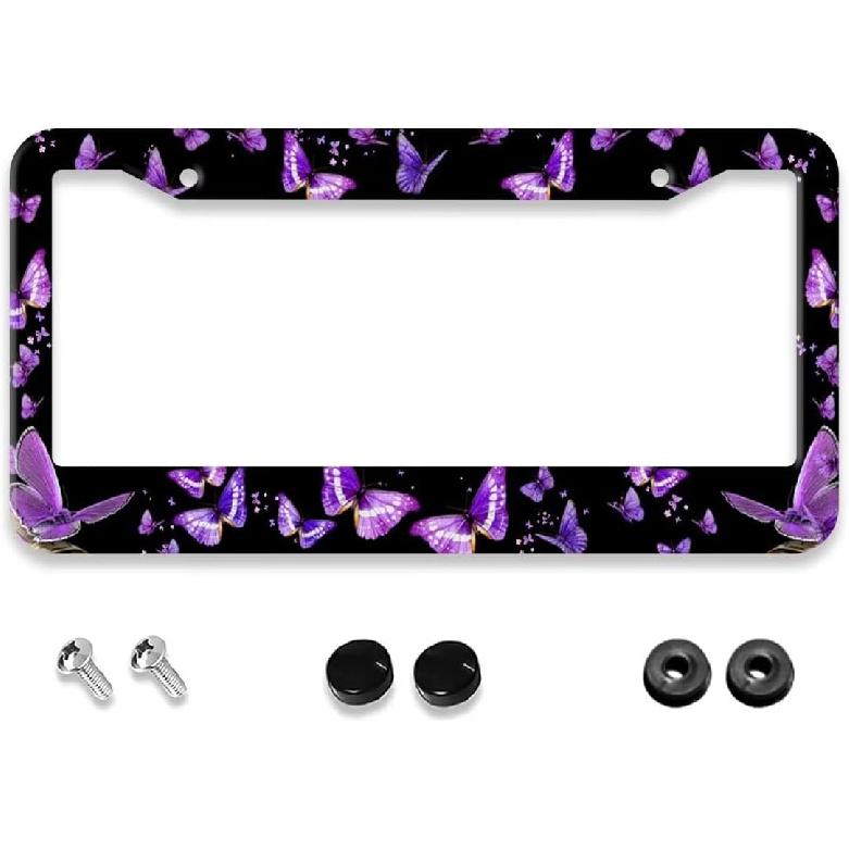 Фиолетовая бабочка рамка для номерного знака - 1 шт. Персонализированная алюминиевая накладка на номерной знак автомобиля Держатель номерного знака с бабочкой Универсальный США-Канада 2 отверстия