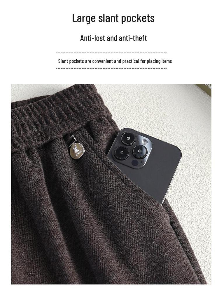 Women's Fleece-Lined Elastic Waist High-Waist Loose Straight-Leg Pants for Spring and Autumn