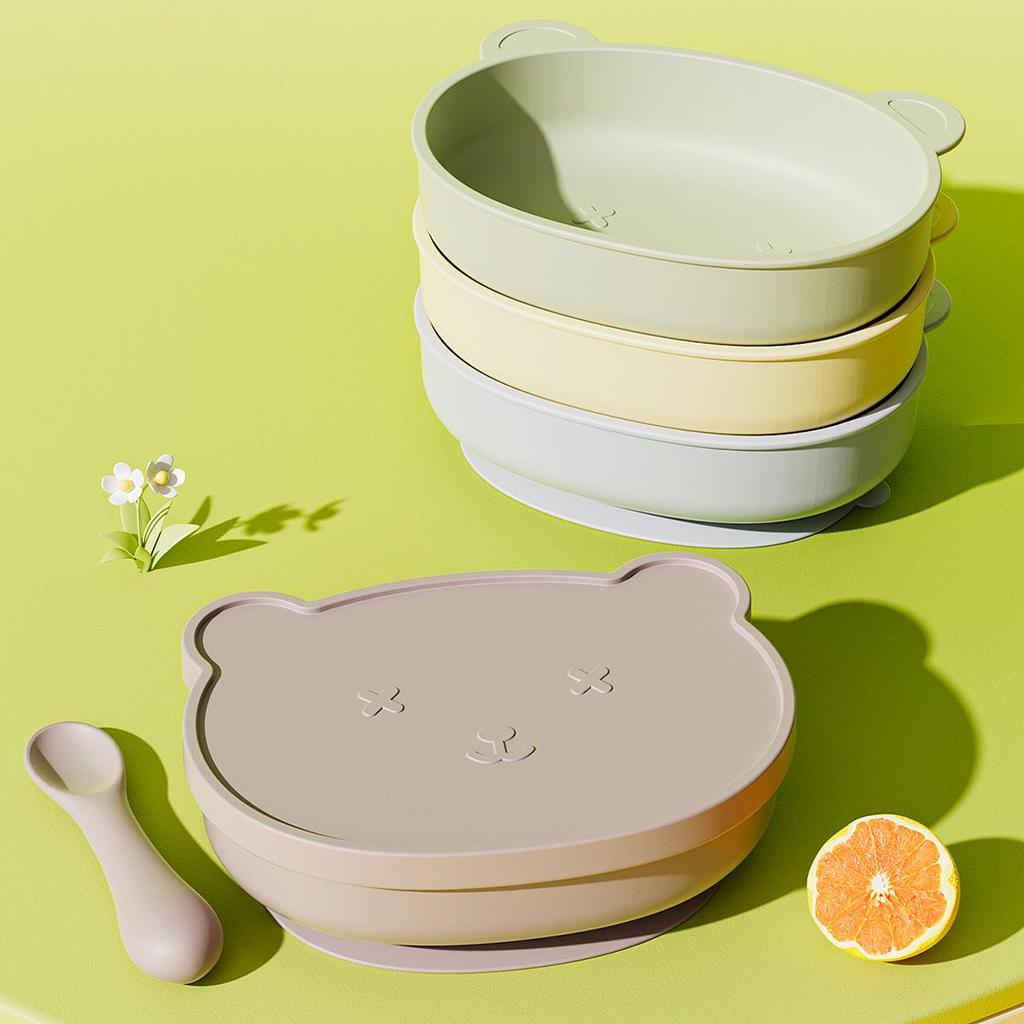 Silicone Baby Bowl with Lid, Food-Grade Suction Cup, Anti-Fall, Little Bear Design