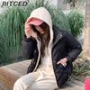 BITCED Winter Cropped Pseudo-Two-Piece Women's Student Cotton Coat Loose-Fit Compact Style Hooded Thickened Cotton Jacket