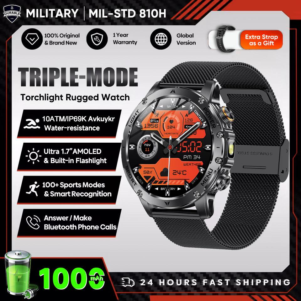 New Military 1.7 inches SmartWatch 1000Mah Battery Fitness Tracking 10ATM Waterproof Sport Flashlight call Bracelet For Men