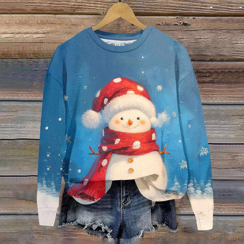 Женская толстовка с рождественским принтом, с длинным рукавом и круглым вырезом, свободный топ