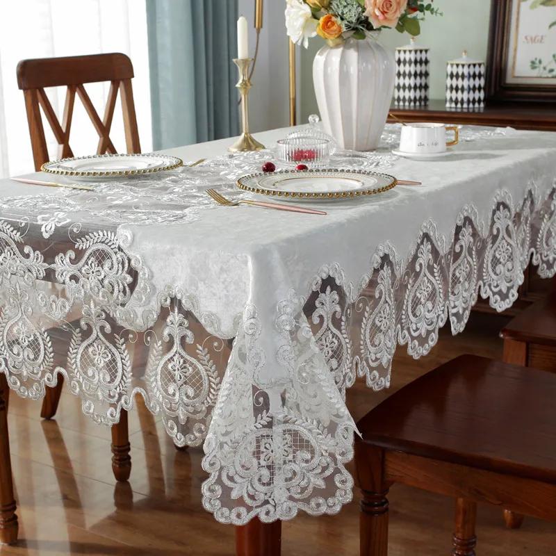 White Gold Velvet Rectangular Tablecloth With Embroidered Lace Edge For Dining Table And TV Cabinet Dust Cover