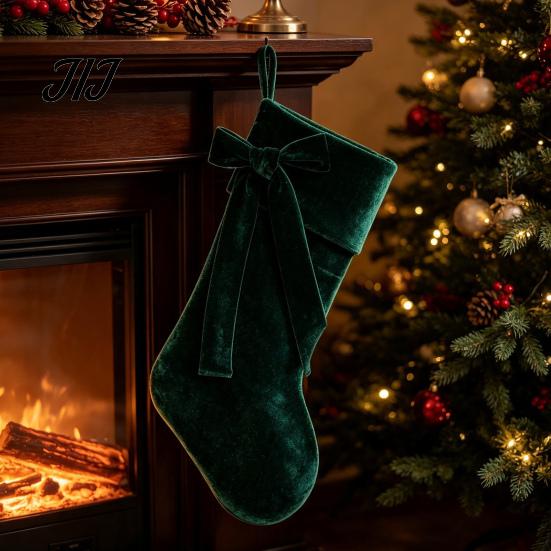 Candy Gift Holders 19 Inch Velvet Christmas Stocking with Bow, Soft Large Fireplace Hanging Tree Ornaments Sock Plush Cuff for Mantel, Holiday