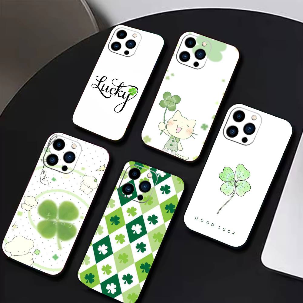 2026-Чехол для телефона с четырехлистником для iPhone 17 16 15 14 13 12 Max Plus Силиконовый черный чехол