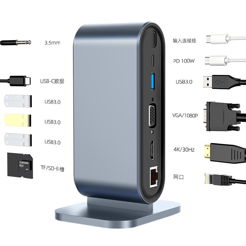 12-в-1 Хаб Type C на Multi 4KHD RJ45 VGA 4 USB 3.0 PD Адаптер питания Док-станция Настольная Портативная